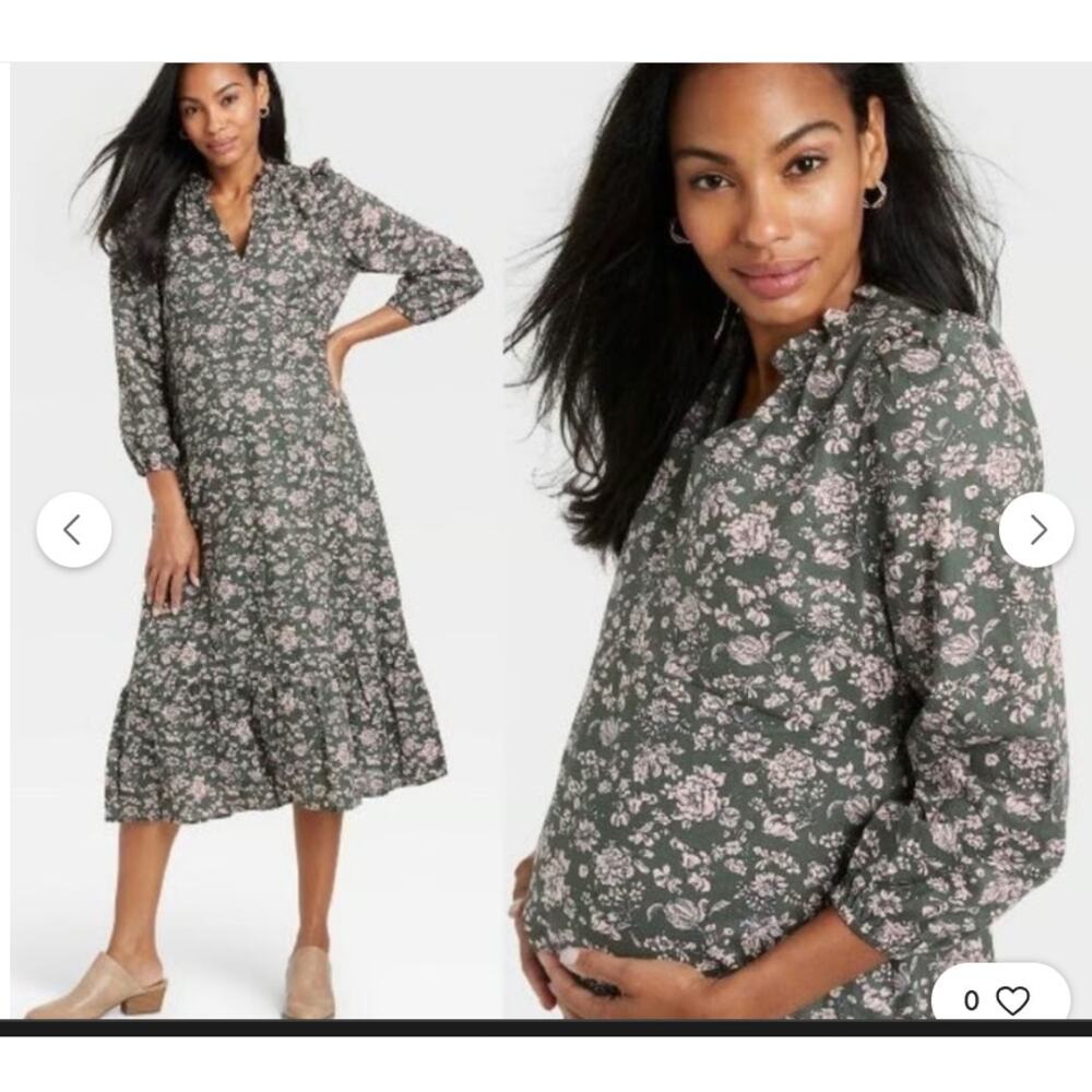 Hatch tiered midi dress womens L green pink floral maternity cotton cottagecore